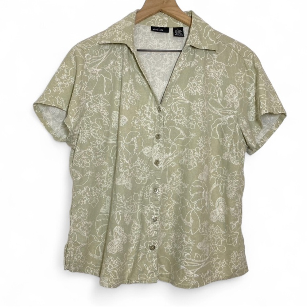 Erika Short Sleeve Button-Down Shirt in Sage Green with White Floral